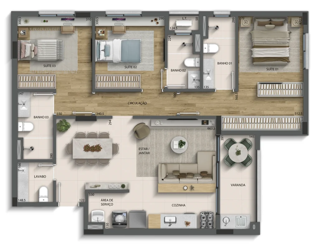 3 SUITES LAVABO + VARANDA 101 M2